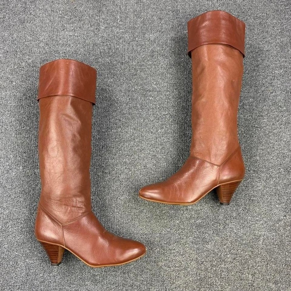 Vintage Women's Brown Leather Fold-over Tall Pull On Riding Short Heel Boots - Picture 2 of 8